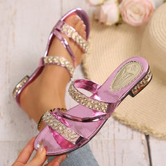 Summer New Women Slippers Medium Heel Thick Heel Slippers Open Toe High Heel Rhinestones Shoes Lightweight Sandals Slides Women