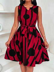 Mini Dress Spring Summer Women Red Black Brush Print Sleeveless Notch Neck Self Tie A-Line Casua dressl
