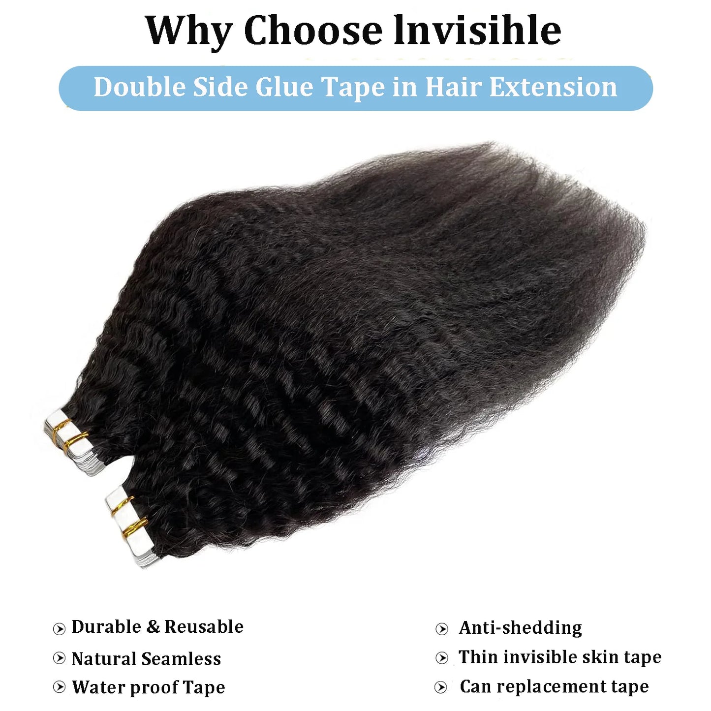 Tape In Kinky Straight Human Hair Extensions Brazilian Hair Adhesive Extensions Skin Weft Black 100% Real Human Hair for Women