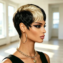 Pixie Cut Short Human Hair Wig Half Black Half Blonde Style Full Machine Made Wig Fashion Easy Wear Great For Women