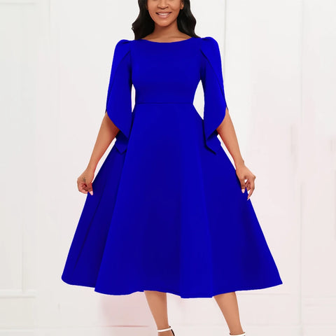 Elegant Party Dresses Woman 2024 New O Neck Half Sleeve High Waisted A Line Pleated Mid Calf Luxury Birthday Dinner Vestidos Hot