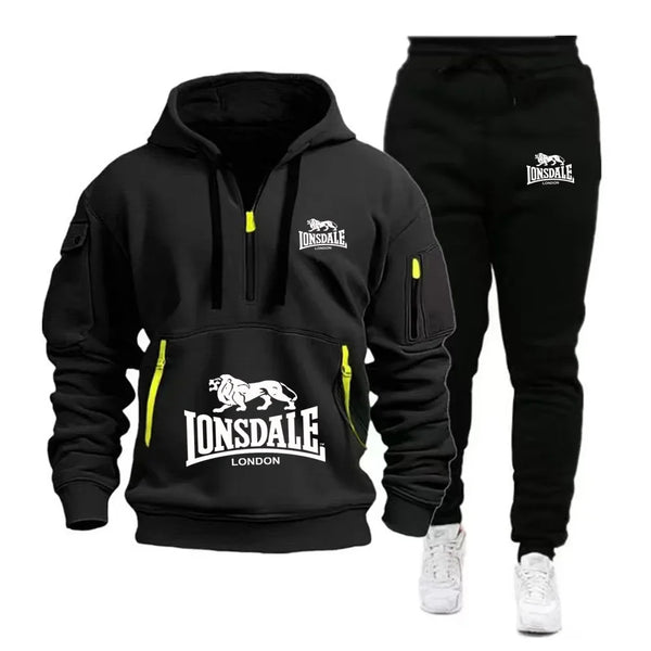 A two-piece casual, loose and warm sportswear set featuring a pullover hoodie and jogging pants for men's autumn and winter