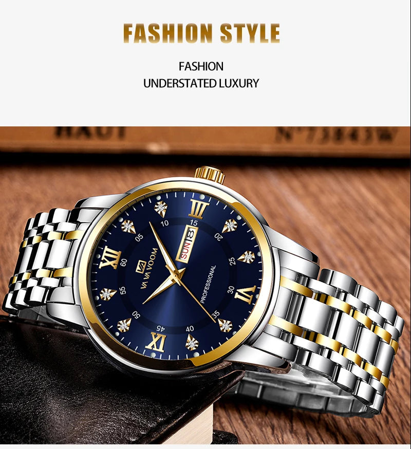 Top Brand Men Watch Stainless Steel Top Quailty Luxury Push Button Hidden Clasp Waterproof Luminous Date Week Sport Wrist Watch
