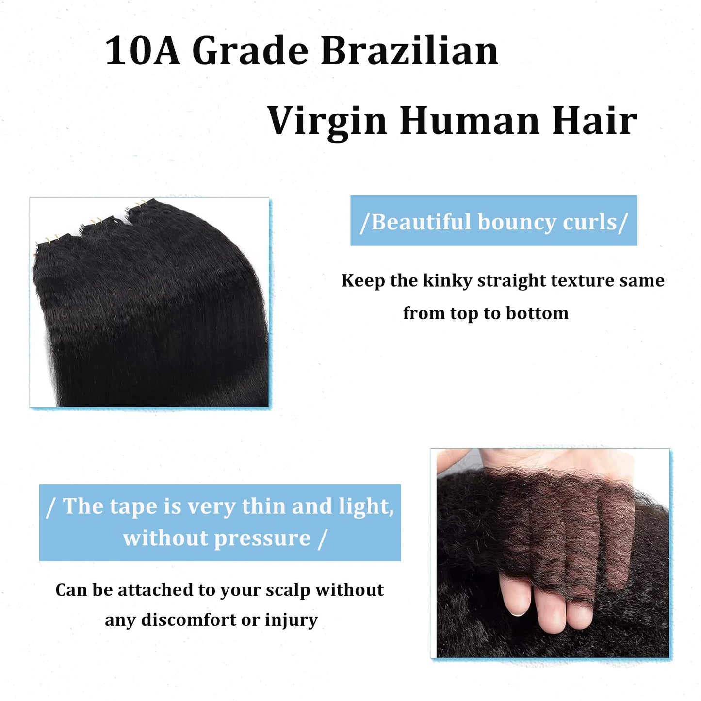 Tape In Kinky Straight Human Hair Extensions Brazilian Hair Adhesive Extensions Skin Weft Black 100% Real Human Hair for Women