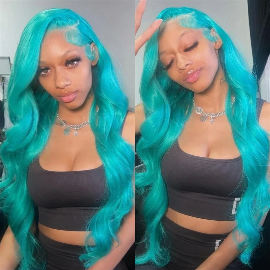 13x6 Teal Ocean Blue Lace Front Wig Human Hair Body Wave 613 Blonde hair