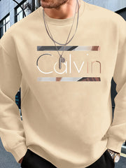 Men's autumn and winter fashionable casual loose fashion letter pattern printed pullover long sleeved warm round neck sweatshirt