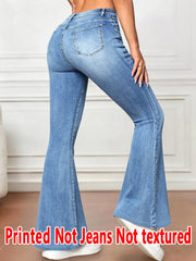1578 [Printed Pants - Not Faux Denim Fabric]2D Printed Faux Effect, Printed Flared Trousers - Non-Faux Denim