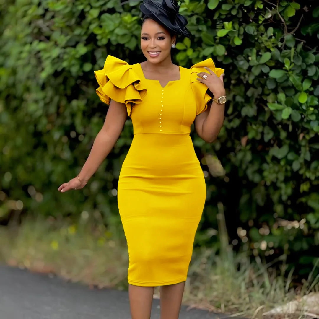 Summer Fashion Women's Nail-Beaded Lotus Sleeve Wrapped Hip Banquet Dress Cascading Style Elegant Evening Gown