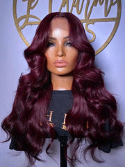 34 Inch 200% 99J Burgundy Color 13x4 Transparent Lace Frontal Wigs Human Hair Body Wave Pre Plucked With Baby Hair For Women