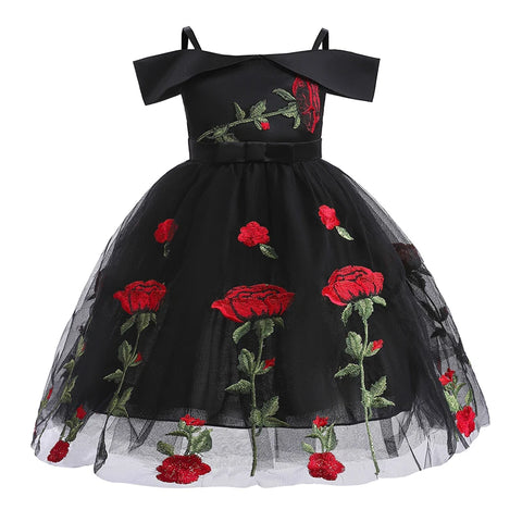 Girls Dress Rose Embroidery Off Shoulder Princess Dresses Children Clothing Birthday Wedding Party Dress Formal Occasion Dress