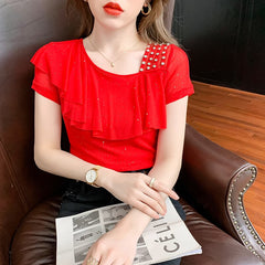 Summer 2022 Mesh T-Shirt Women Handmade Diamonds Ruffles Women Tops Tees Slim Sexy Oblique Collar Short Sleeve New T26201