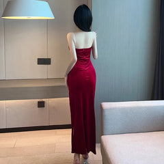2023 Summer Women's Sexy Temperament ceremonial dress Wrapped Chest backless High Split Velvet Wrapped Hip Red Long