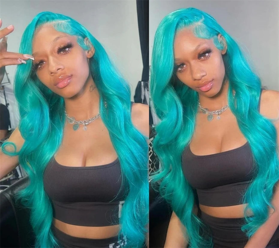 13x6 Teal Ocean Blue Lace Front Wig Human Hair Body Wave 613 Blonde Lace Frontal Wig Preplucked Mint Green Color Human Hair Wigs