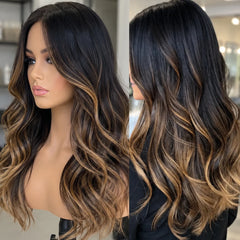 Highlight Brown Balayaga 100% Human Hair Natural Wavy Silk Base Top Lace Front Wigs Bleached Knots Glueless Full Lace Front Wigs