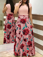 Retro Elegant Commuter Style Polka Dot High Waist  Flower Print Color Matching Short Sleeved Dress