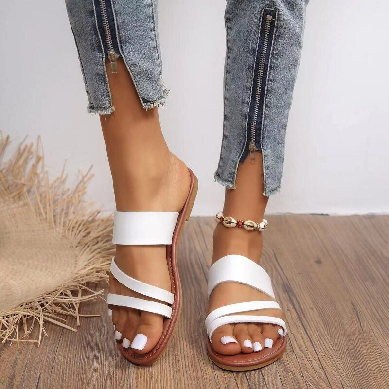 Women&#39;s Slippers Summer Sexy 2023 Leather Open Toe Shoes Outdoor Beach Casual Flat Female Slides Soft Zapatos De Mujer PU1