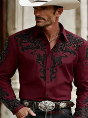 Men's Western Cowboy Style Fashion Print Long-Sleeve Shirt, Retro Lapel Slim Fit, Outdoor Casual Shirt, Sizes XS-6XL, 21 Colors