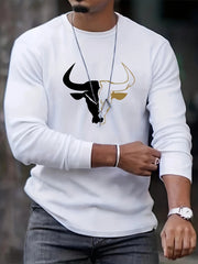 Men's 100% pure cotton loose fit plus size comfortable casual sports bull pattern printed round neck long sleeved T-shirt top