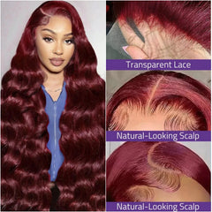 99J Burgundy 13x6 HD Lace Frontal Wig Human Hair Pre Plucked 220 Density Body Wave 13x4 HD Transparent Lace Front Wigs for Women