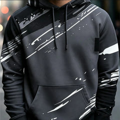Casual Men Pullover Hoodie Abstract Graffiti Brush Print Long Sleeve Drawstring Pocket Streetwear Sweatshirt
