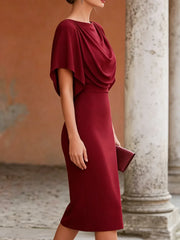 Women's Short Sleeve Midi Dress Cowl Neck Draped Cape Top Bodycon Skirt Elegant Party Evening