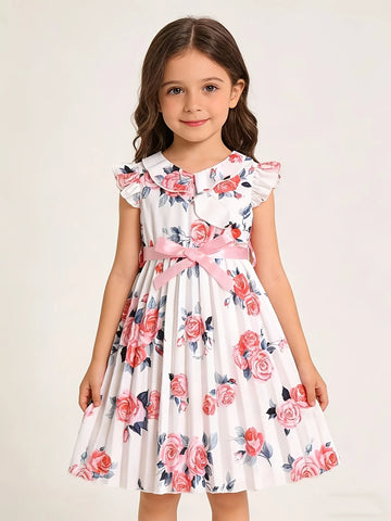 White Base Rose Print Girls Ruffle Sleeve Pleated Dress Sweet Style Summer Outfit