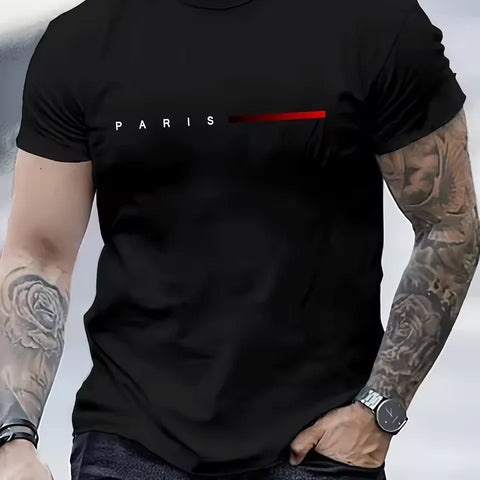 Men's 100% Cotton Summer Loose PARIS Creative Letter Print Casual Slim Fit Round Neck Short Sleeved T-shirt Top