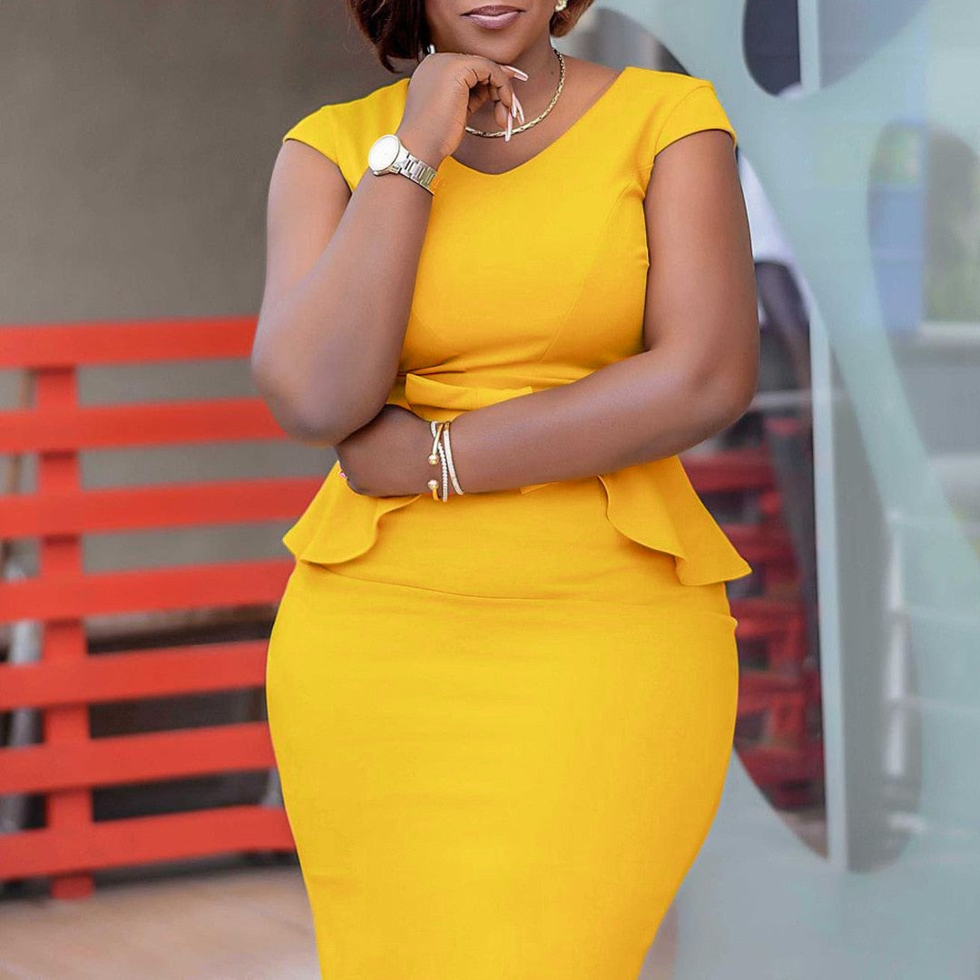 Summer Ruffle Work Dress Women Casual Solid O Neck Short Sleeve