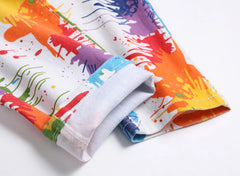 Men's White Jeans in Asian Sizes; Blue-Red-Green-Purple Printed Stretch Denim Pants; Stylish Slim-fit Trousers.