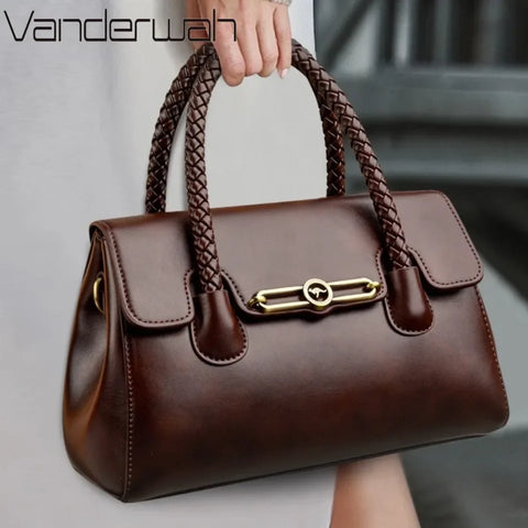 Retro High Quality Oil Leather Women Top-handle Shoulde Bags Vintage Casual Totes Trendy Lock Designer Handbag Small