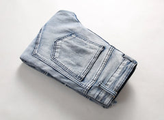 Trendy Brand Motorcycle Men's Jeans Unique Ripped Slim Fit Streetwear High Elasticity Smooth Slimming Effect Casual Denim