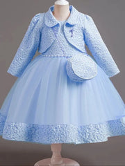Spring Flower Girl Elegant Dresses for Wedding Girls’ Formal Dress with Bag 3 PC Set Long Sleeve