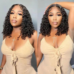 Short Curly Water Wave Human  Bob Wigs Transpare Lace F