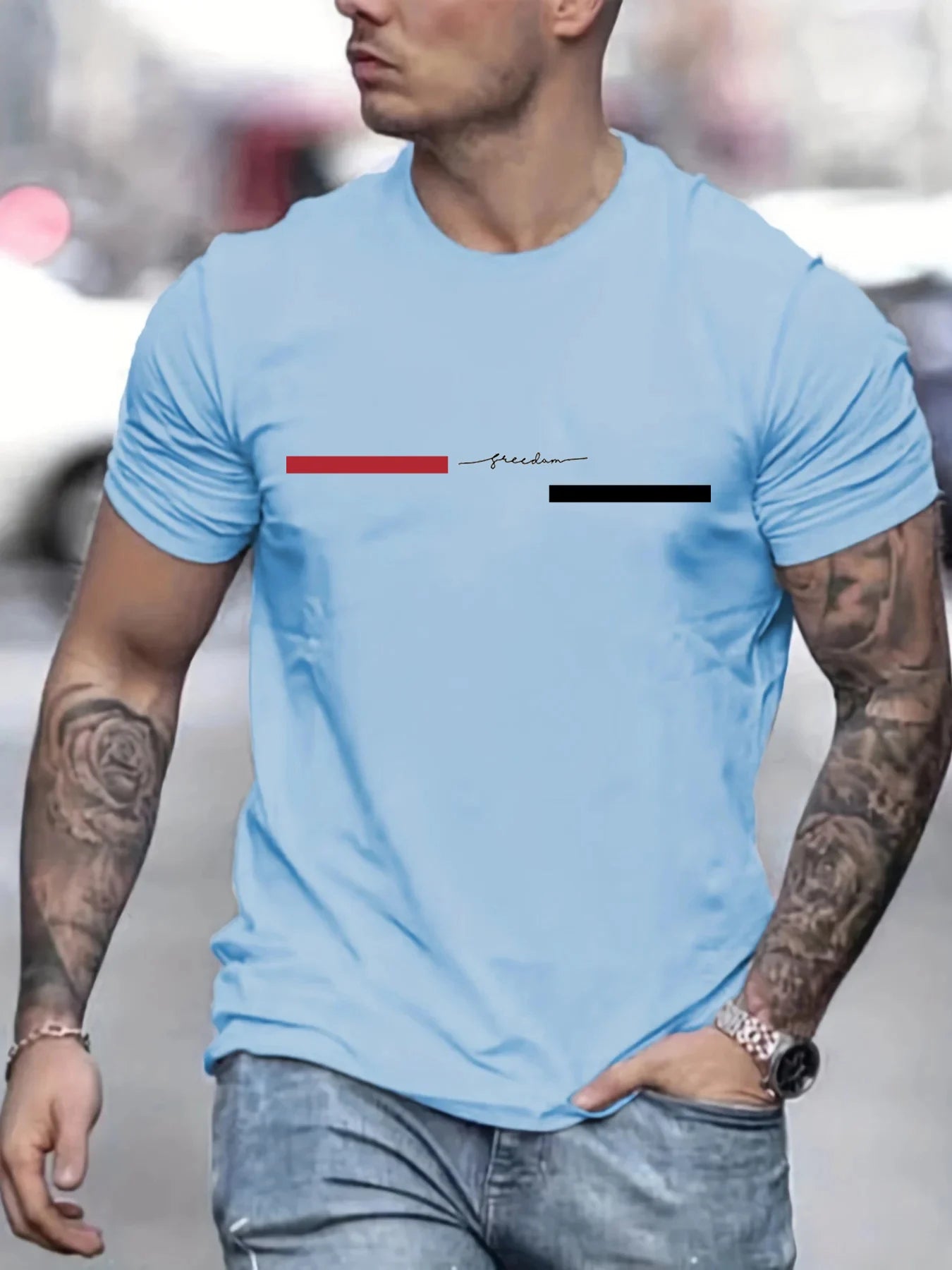 Summer men's 100% pure cotton casual loose freedom letter printed sports comfortable round neck short sleeved T-shirt top