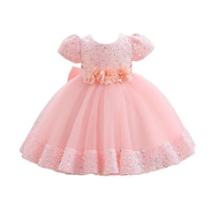 Fashion Puff Sleeve Girls Princess Evening Dress Flower Shiny Glitter Summer Lace Dress Sweet Bowknot Party Dress Skirt Party