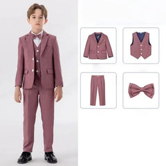 90-170 Teenager Kids Spring Beige 4Pieces/s Jacket Vest Pants Bowtie Wedding Dress Boys Photography Suit Children Host Costume