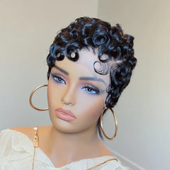 Short Layered Pixie Cut with Bangs 13x4 Lace Human Hair Wig for Women Natural Black Dark 99J and Brown Color Curly Wavy Hair