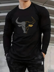 Men's 100% pure cotton loose fit plus size comfortable casual sports bull pattern printed round neck long sleeved T-shirt top