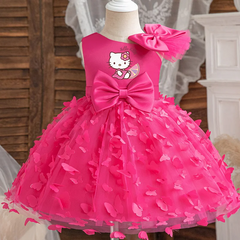 Hello Kitty Girl Princess Dress Kid Clothes Party Birthday Outfits Evening Party Tulle Dress Wedding Wear Summer Bowknot Dress