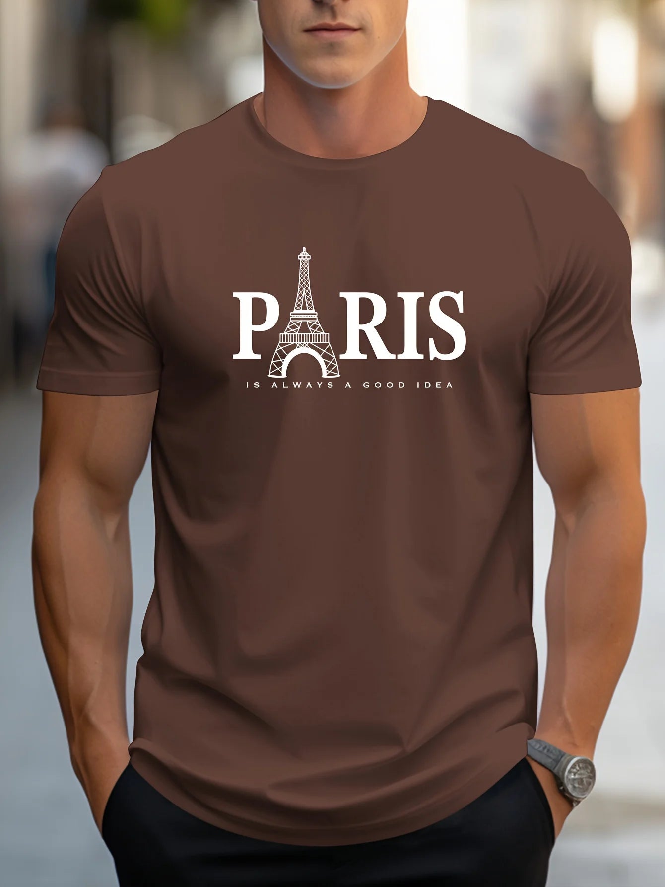 Summer Men's T Shirt Short Sleeve Paris Pattern Print Casual O-Neck Oversized