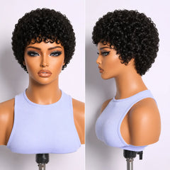 Pixie Cut Jerry Curly Human Hair Wigs Pre-Cut Style Machine Made Wigs 4 Inch Natural Color Short Curly Human Hair Wig For Women