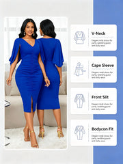 Women V-Neck Cape Sleeve Midi Dress Split Bodycon Elegant Evening Party Wedding Guest Dresses