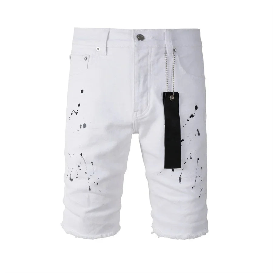 Top quality New Purples Jeans Men Trendy Elastic Edged Middle brands Pants Irregular white Color Washed Denim Shorts pants