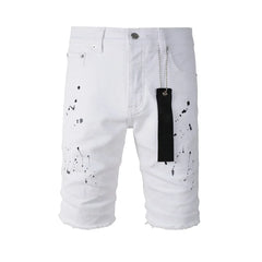 Top quality New Purples Jeans Men Trendy Elastic Edged Middle brands Pants Irregular white Color Washed Denim Shorts pants