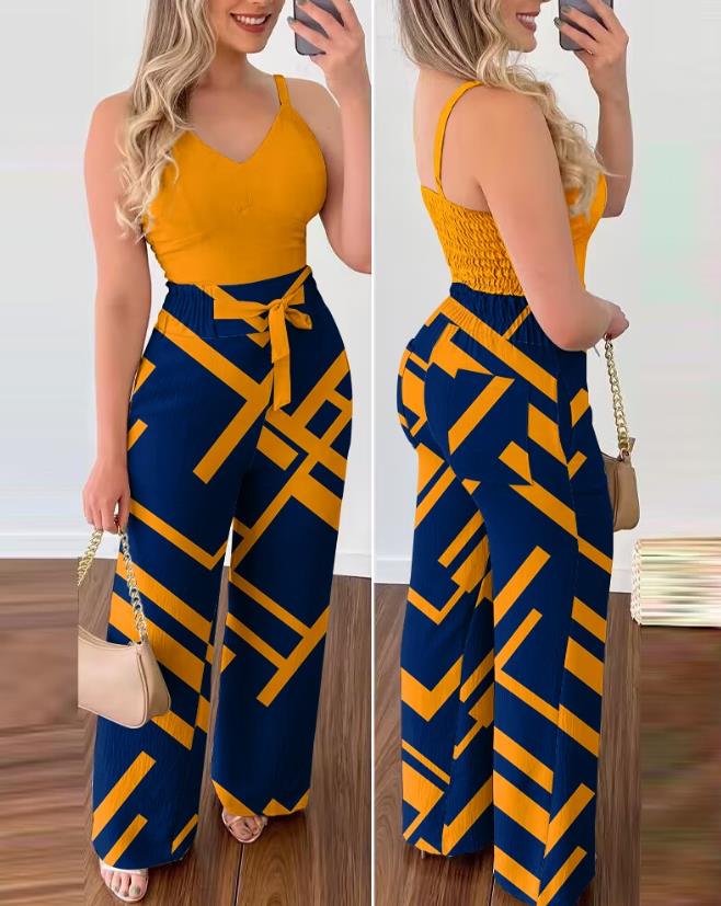 Two Piece Sets Womens Outifits 2023 Summer Fashion Shirred V-Neck Cami Top &amp; Geometric Print High Waist Pocket Design Pants Set