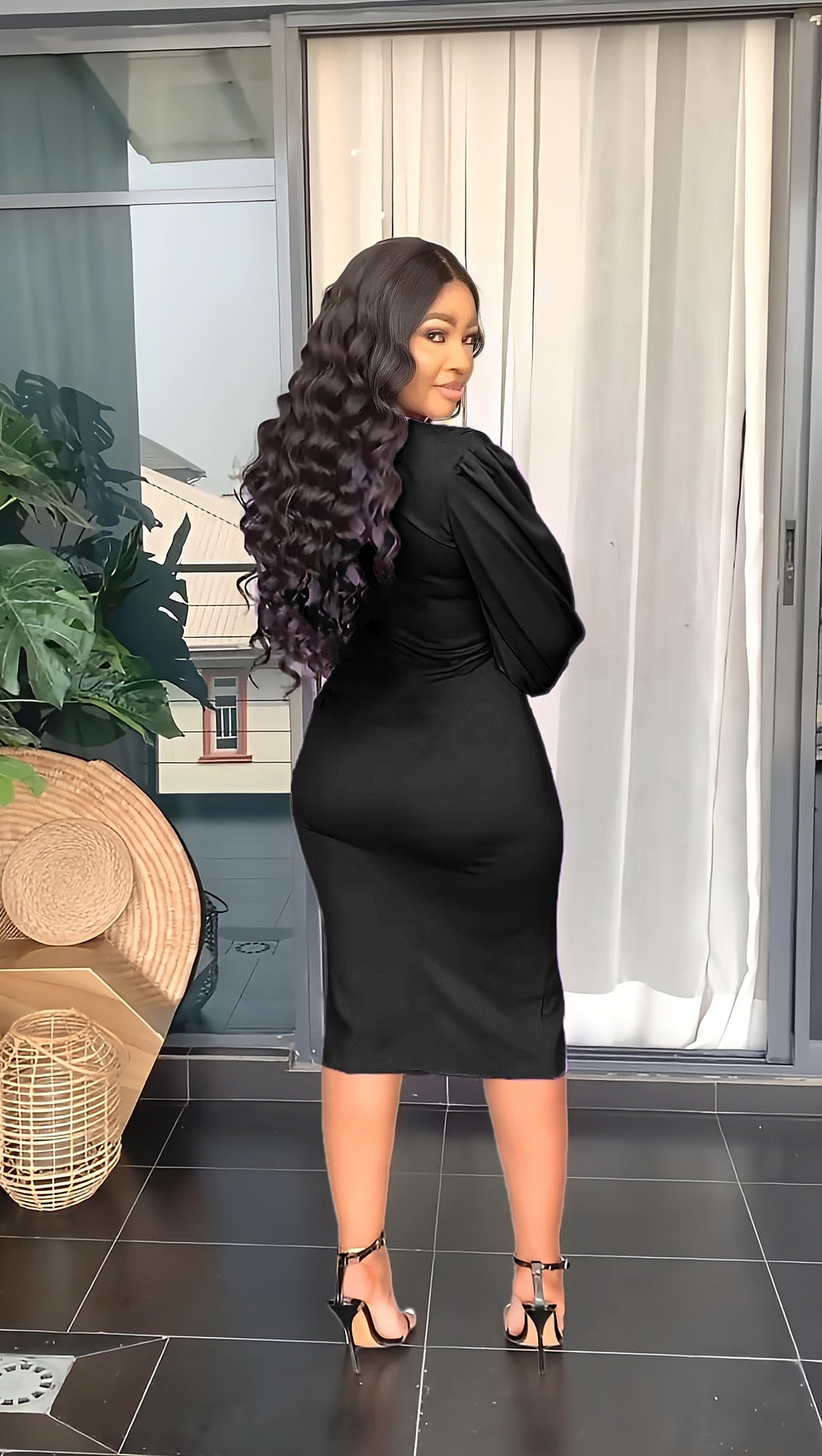 Spring Summer V-neck Slim Slit Dress Women Fashion Office Lady Solid Long Lantern Sleeve Slim Dress Women