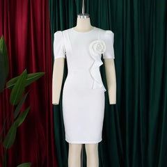 Casual Basic Women's Ruffled 3D Flower Short Sleeve Bodycon Mid Pencil Dress Elegant