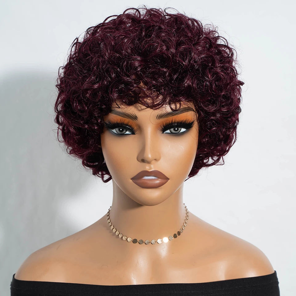Debut Short Pixie Afro Kinky Curly Wigs for Black Women Glueless Natural Brown Bob Wig With Bangs Brazilian Human Hair Wigs