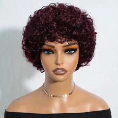 Debut Short Pixie Afro Kinky Curly Wigs for Black Women Glueless Natural Brown Bob Wig With Bangs Brazilian Human Hair Wigs