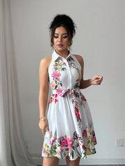 Tropical Print Halter Neck Dress, Vacation Style Backless Dress For Spring & Summer, Women Clothing Women Dress Summer Slimming